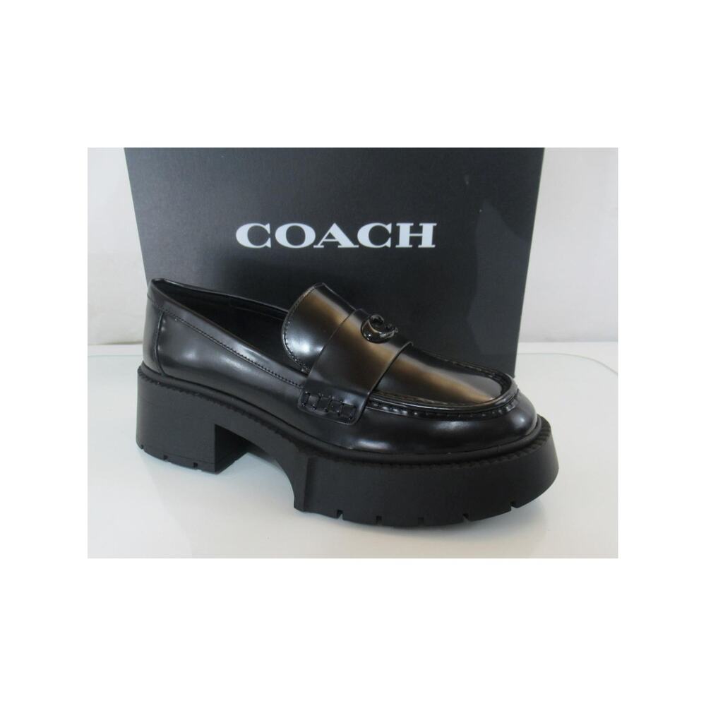 Women's Coach Leah Platform Leather Lug Sole Loafers C Logo Black Size 7.5